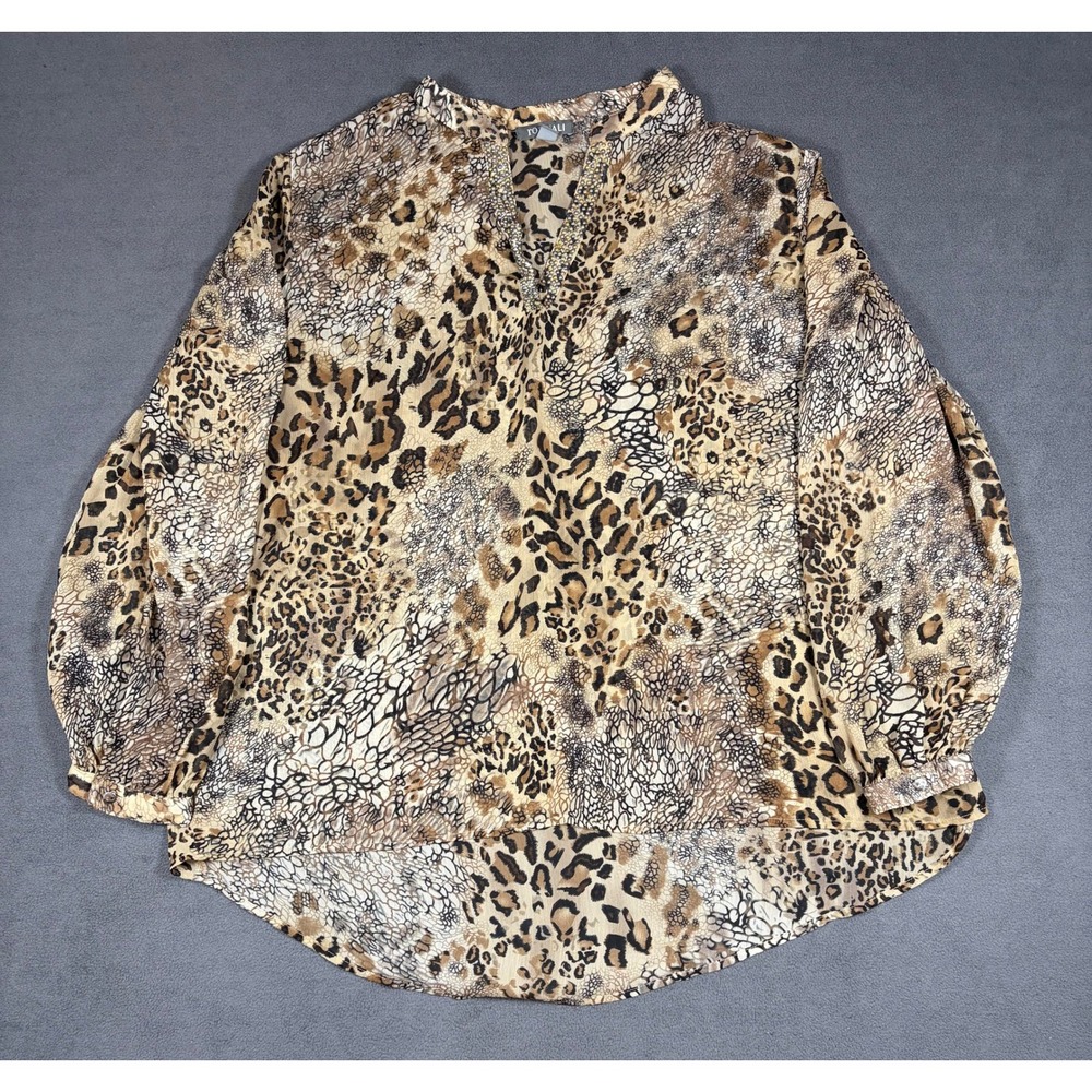 Roz & Ali Blouse Womens XL Brown Leopard Print Studded V-Neck High Low Hem